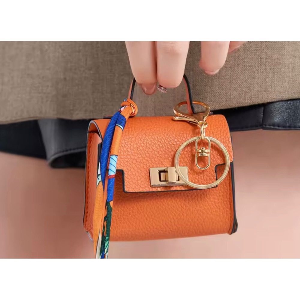 Mini Pebbled Faux Leather Bag Keychain or Purse Charm with Twilly Scarf‎
